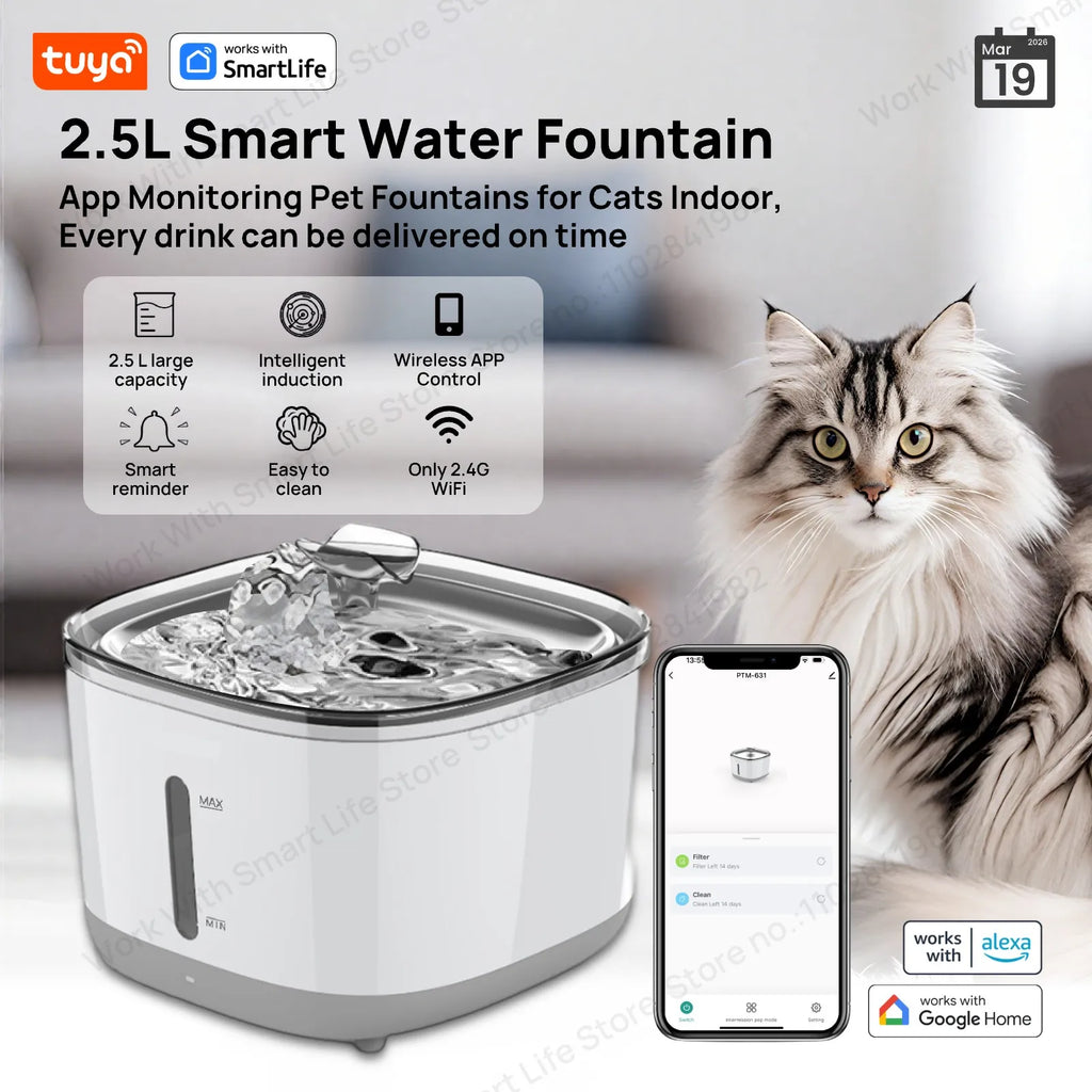 Smart Pet Water Fountain – 2.5L App-Controlled Automatic Water Dispenser with Stainless Steel Bowl & 3 Replacement Filters